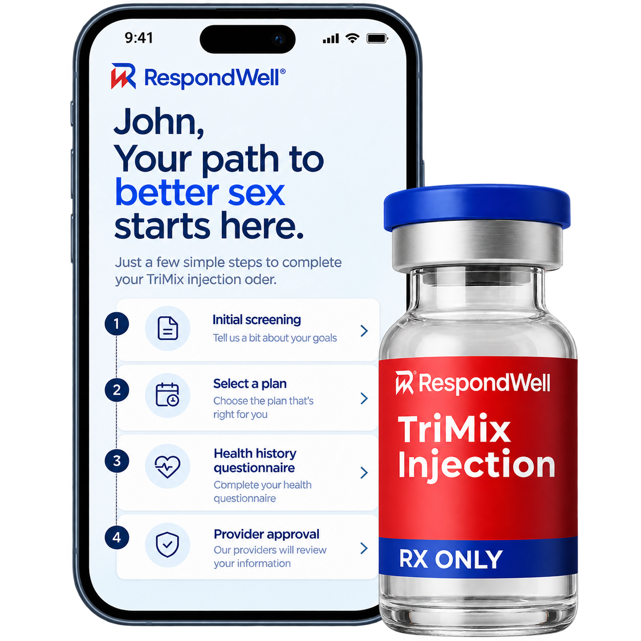 RespondWell online visit steps shown on a phone next to a medication vial
