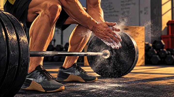 Illustration of an athlete chalking his hands beside a loaded barbell in a sunlit gym