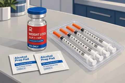 Compounded weight loss vial with syringes and alcohol prep pads
