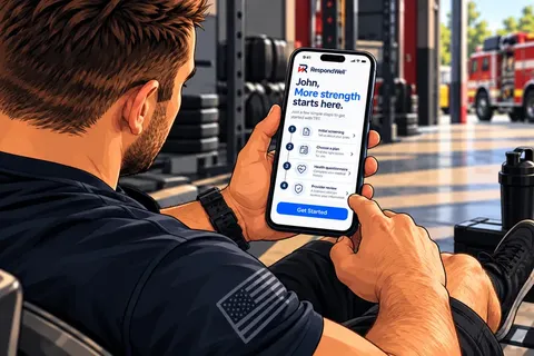 First responder in a gym holding a phone showing the RespondWell intake steps