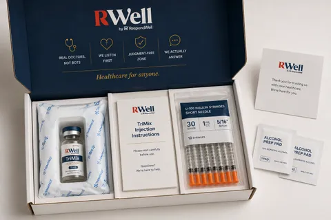 RWell TriMix delivery box with a T-105 vial, injection instructions, insulin syringes and alcohol prep pads